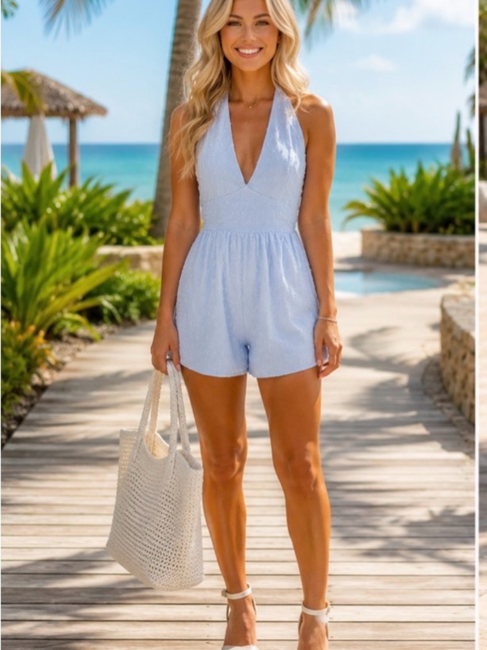 Light Blue Halter Romper Jumpsuit - Casual Beachwear
